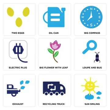Set Of 9 simple editable icons such as Sun Smiling, Recycling Truck, Exhaust Free Stock Illustration