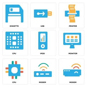 Set Of 9 simple editable icons such as Modem, Modem, Cpu Gratis stockillustratie