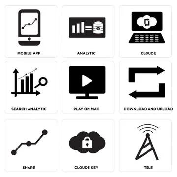 Set Of 9 simple editable icons such as Tele, Cloude key, Share Free Stock Illustration