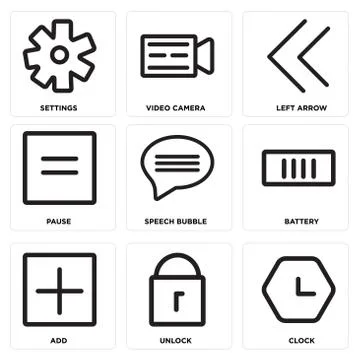 Set Of 9 simple editable icons such as Clock, Unlock, Add Free Stock Illustration