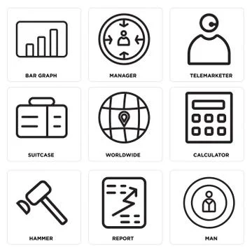 Set Of 9 simple editable icons such as Man, Report, Hammer Grats Stockgrafik