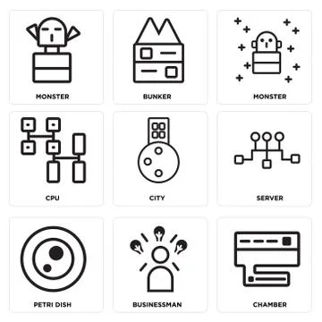 Set Of 9 simple editable icons such as Chamber, Businessman, Petri dish Selección de ilustraciones gratis