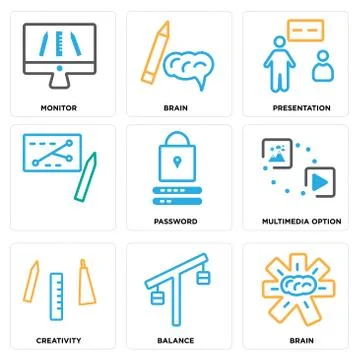 Set Of 9 simple editable icons such as Brain, Balance, Creativity Free Stock Illustration