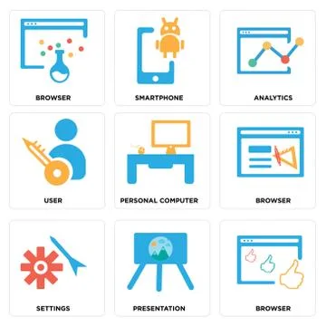 Set Of 9 simple editable icons such as Browser, Presentation, Settings Free Stock Illustration