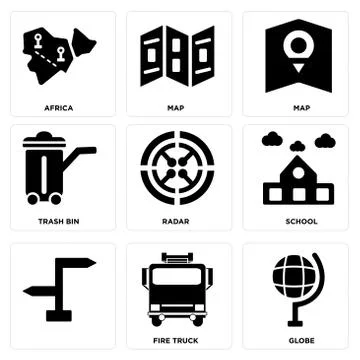 Set Of 9 simple editable icons such as Globe, Fire truck, Free Stock Illustration