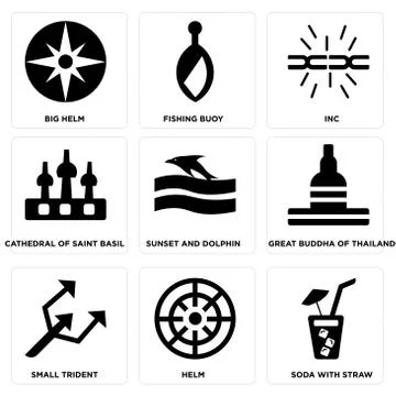 Set Of 9 simple editable icons such as Soda with Straw, Helm, Small Trident Free Stock Illustration