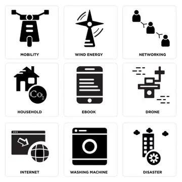 Set Of 9 simple editable icons such as Disaster, Washing machine, Internet Free Stock Illustration