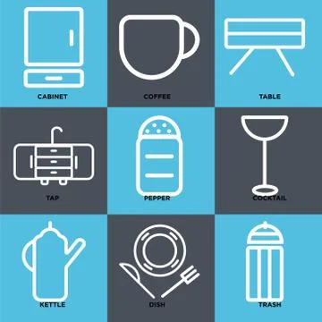 Set Of 9 simple editable icons such as Trash, Dish, Kettle Free Stock Illustration