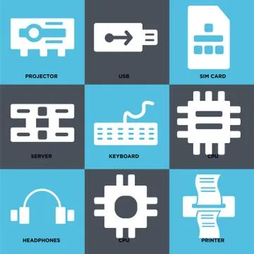 Set Of 9 simple editable icons such as Printer, Cpu, Headphones 無料イラスト素材