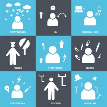 Set Of 9 simple editable icons such as Magician, Doctor, Electrician Free Stock Illustration