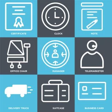 Set Of 9 simple editable icons such as Business card, Suitcase, Delivery truc Free Stock Illustration