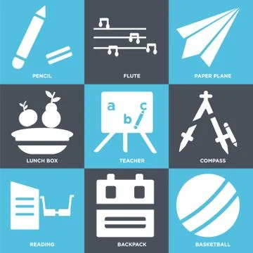 Set Of 9 simple editable icons such as Basketball, Backpack, Reading Illustrazione stock gratuita