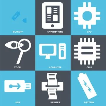 Set Of 9 simple editable icons such as Battery, Printer, Usb 無料イラスト素材