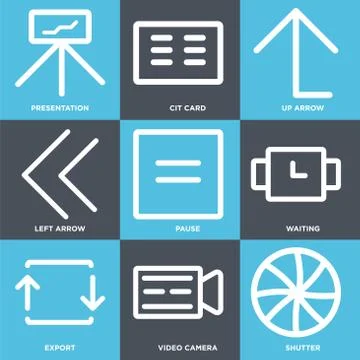Set Of 9 simple editable icons such as Shutter, Video camera, Export Free Stock Illustration