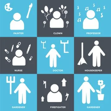 Set Of 9 simple editable icons such as Gardener, Firefighter, Gardener Free Stock Illustration