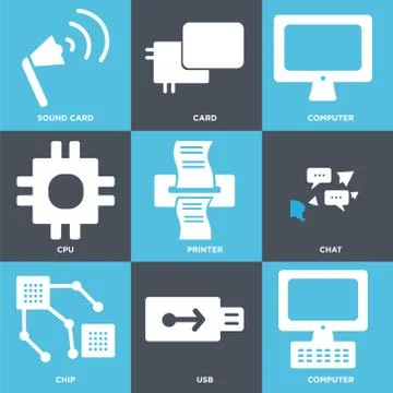 Set Of 9 simple editable icons such as Computer, Usb, Chip Free Stock Illustration