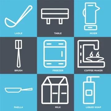 Set Of 9 simple editable icons such as Liquid soap, Milk, Paella Free Stock Illustration