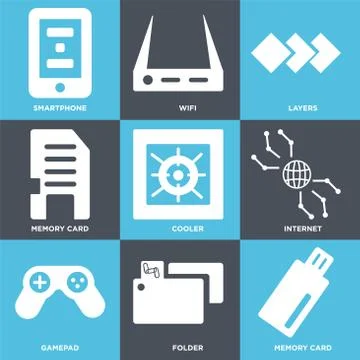 Set Of 9 simple editable icons such as Memory card, Folder, Gamepad Free Stock Illustration
