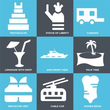 Set Of 9 simple editable icons such as Women Bikini, Cable car, Reflector ves Free Stock Illustration