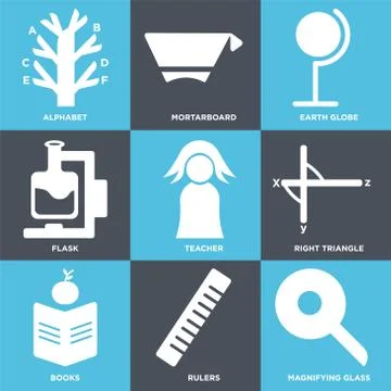 Set Of 9 simple editable icons such as Magnifying glass, Rulers, Books Free Stock Illustration