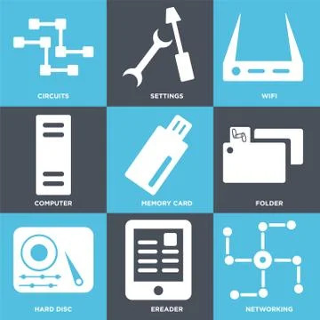 Set Of 9 simple editable icons such as Networking, Ereader, Hard disc Free Stock Illustration