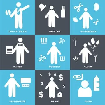 Set Of 9 simple editable icons such as Diver, Pirate, Programmer Grats Stockgrafik