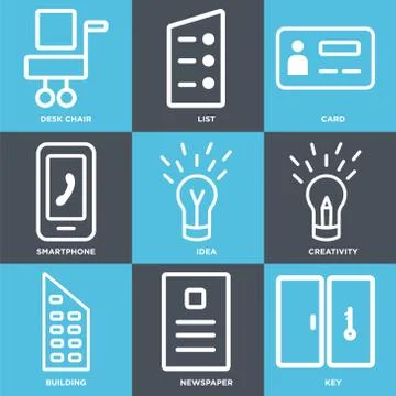 Set Of 9 simple editable icons such as Key, Newspaper, Building Selección de ilustraciones gratis
