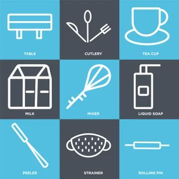 Set Of 9 simple editable icons such as Rolling pin, Strainer, Peeler Free Stock Illustration