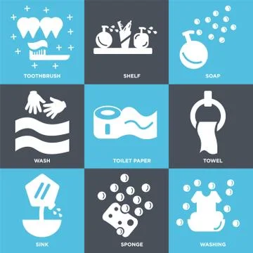 Set Of 9 simple editable icons such as Washing, Sponge, Sink Free Stock Illustration