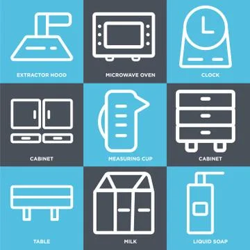 Set Of 9 simple editable icons such as Liquid soap, Milk, Table Free Stock Illustration