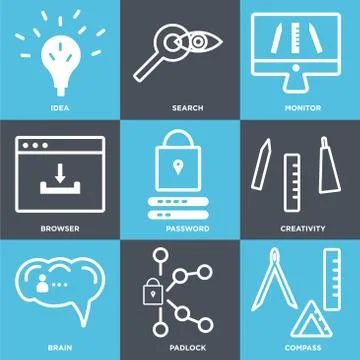 Set Of 9 simple editable icons such as Compass, Padlock, Brain 無料イラスト素材