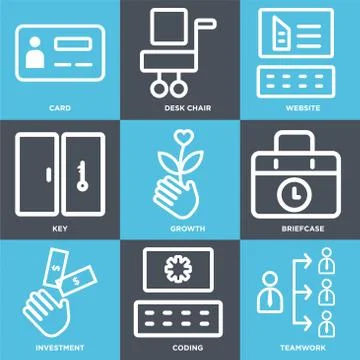 Set Of 9 simple editable icons such as Teamwork, Coding, Investment Illustrazione stock gratuita