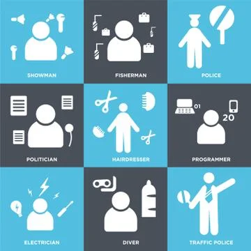 Set Of 9 simple editable icons such as traffic police, Diver, Electrician Free Stock Illustration