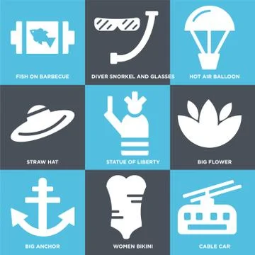 Set Of 9 simple editable icons such as Cable car, Women Bikini, Big Anchor Free Stock Illustration