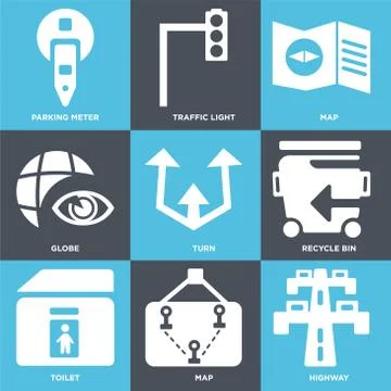Set Of 9 simple editable icons such as Highway, Map, Toilet Free Stock Illustration