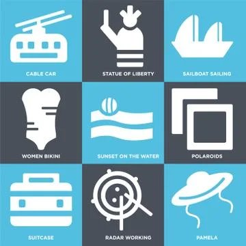 Set Of 9 simple editable icons such as Pamela, Radar Working, Suitcase Grats Stockgrafik