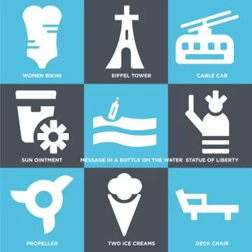 Set Of 9 simple editable icons such as Deck chair, Two Ice Creams, Propeller Ilustração Stock Gratuita