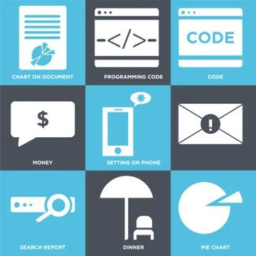 Set Of 9 simple editable icons such as Pie chart, Dinner, Search report Free Stock Illustration