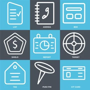 Set Of 9 simple editable icons such as Cit card, Push pin, Tag Stock Illustration