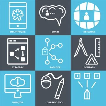 Set Of 9 simple editable icons such as , Graphic tool, Monitor Stock Illustration