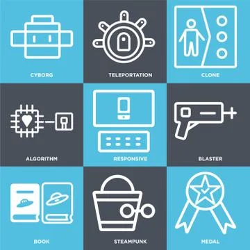 Set Of 9 simple editable icons such as Medal, Steampunk, Book Stock Illustration