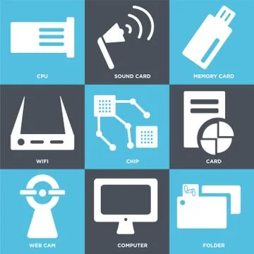 Set Of 9 simple editable icons such as Folder, Computer, Web cam Illustrazione stock