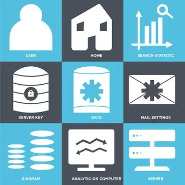 Set Of 9 simple editable icons such as Server, Analytic on computer, Diagram Stock Illustration