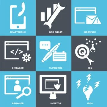 Set Of 9 simple editable icons such as Idea, Monitor, Browser Stock Illustration