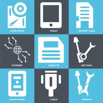 Set Of 9 simple editable icons such as Wrench, Cable, Smartphone Stock Illustration