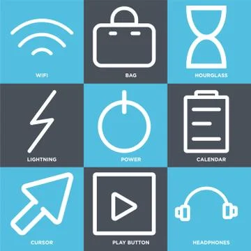 Set Of 9 simple editable icons such as Headphones, Play button, Cursor Stock Illustration