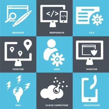Set Of 9 simple editable icons such as Smartphone, Cloud computing, Idea 库存插图