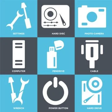 Set Of 9 simple editable icons such as Hard drive, Power button, Wrench Stock Illustration