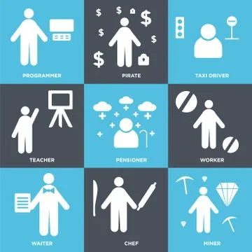 Set Of 9 simple editable icons such as Miner, Chef, Waiter Stock Illustration