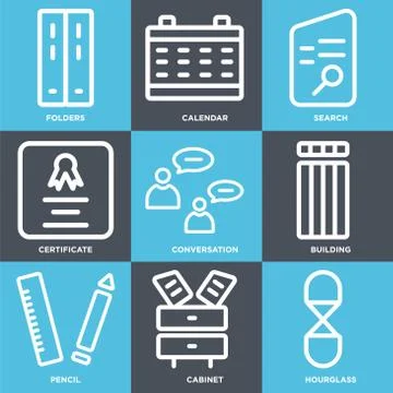 Set Of 9 simple editable icons such as Hourglass, Cabinet, Pencil Stock Illustration